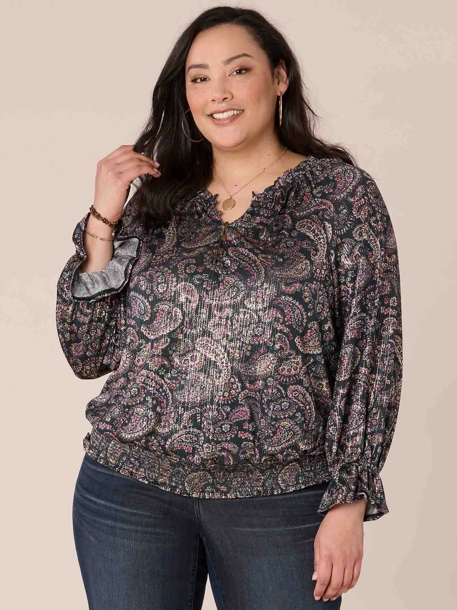 Long Sleeve High Round Neck Printed Plus Size Knit Top