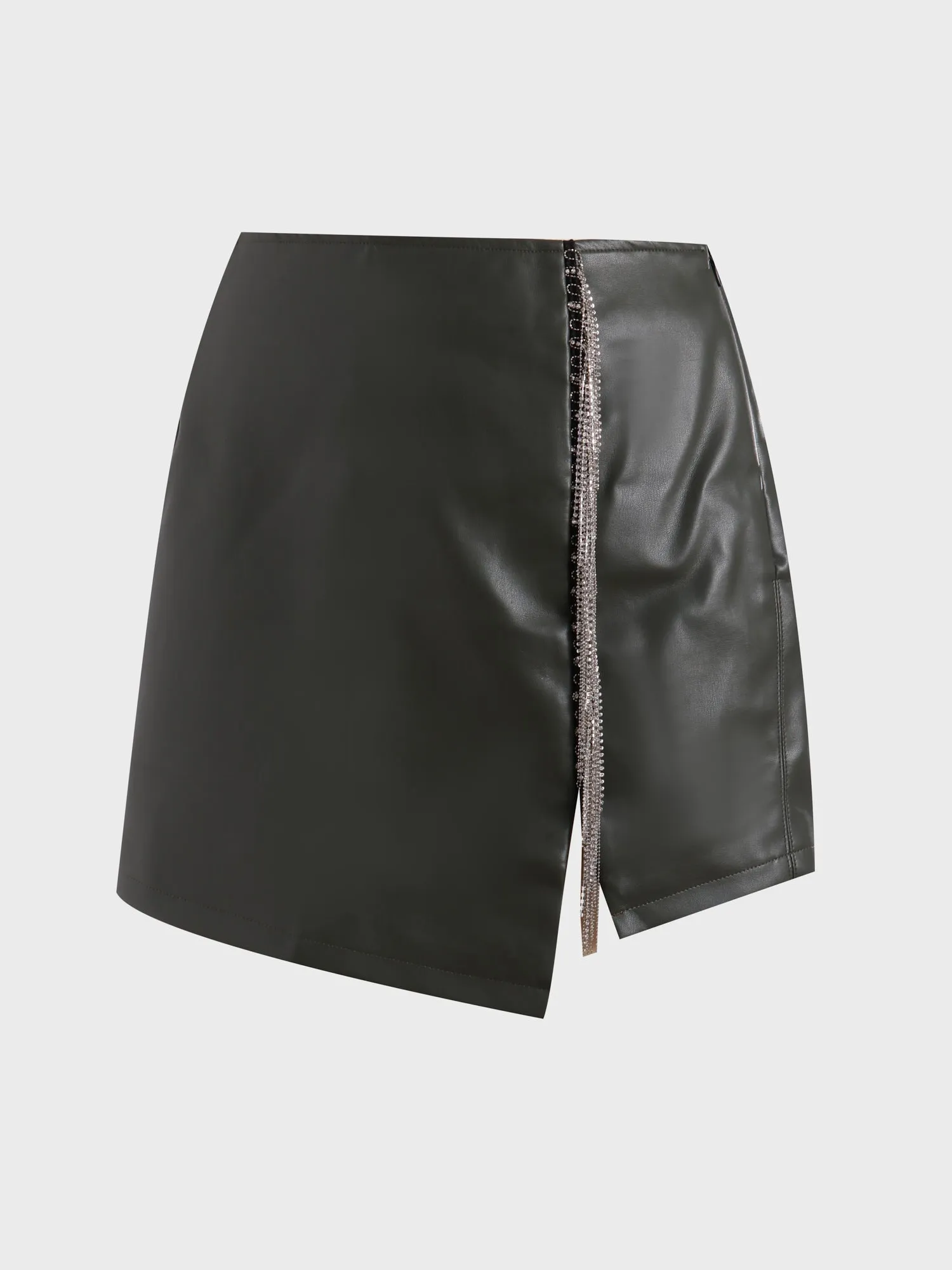 Midsize Fringe Stretch Leather Skirt with Side Split