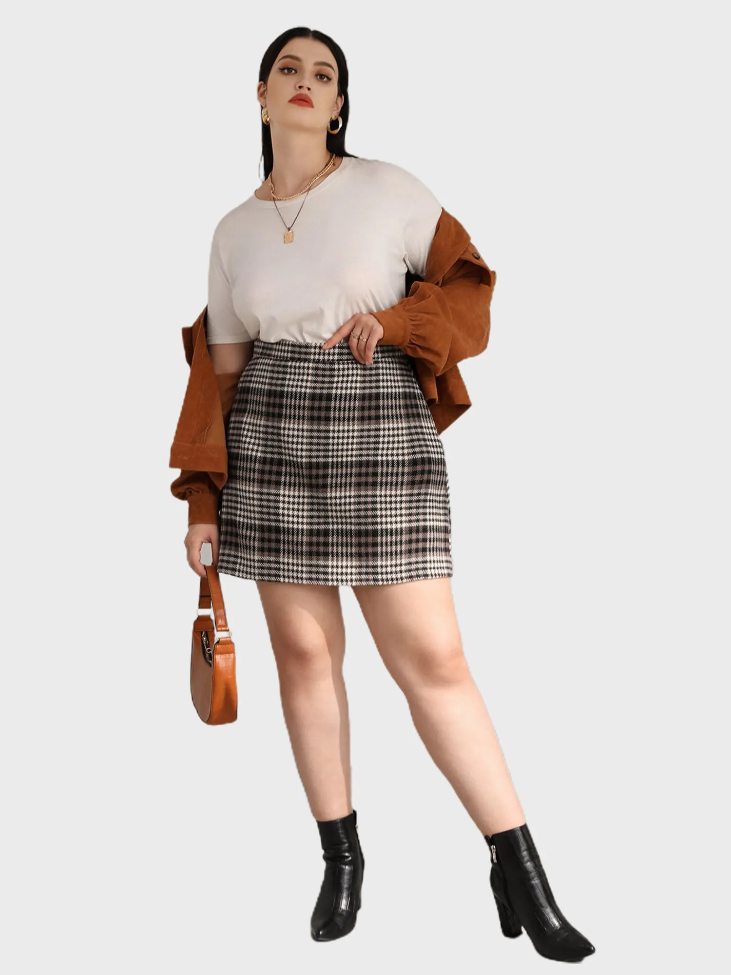 Midsize High Waist Plaid Skirt with Back Zipper