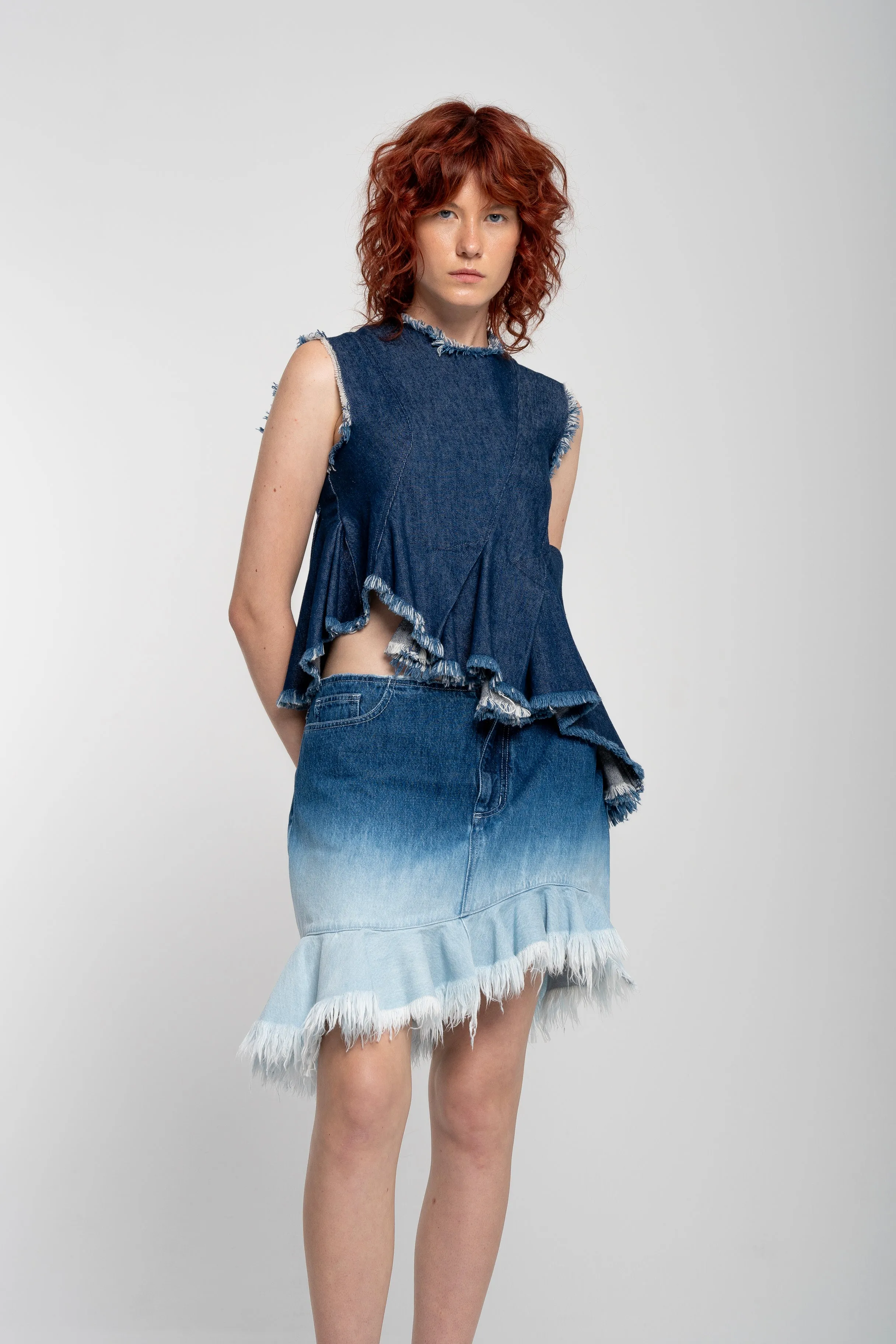 OMBRE DENIM BLUE FRILL MINI SKIRT
