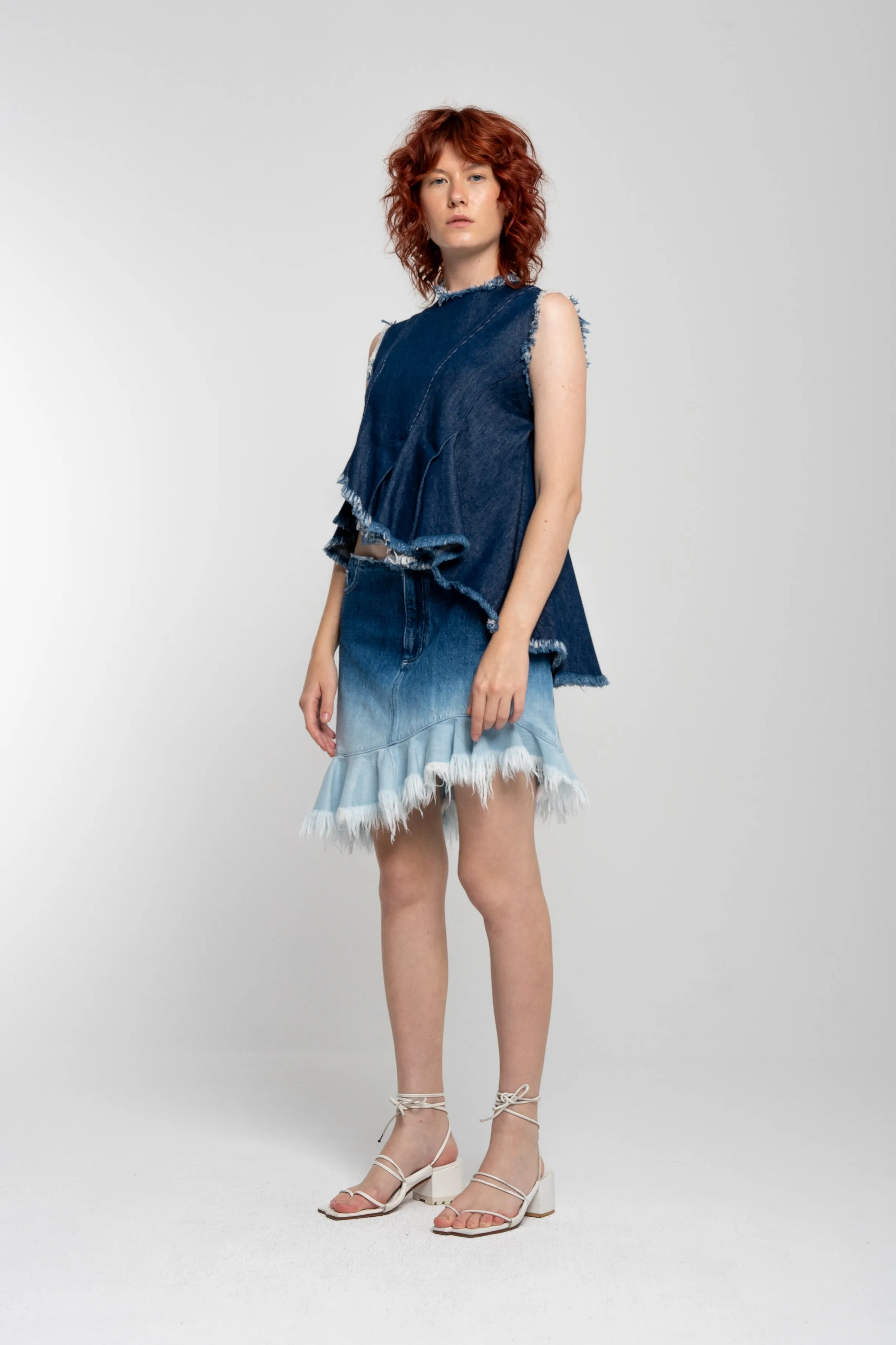 OMBRE DENIM BLUE FRILL MINI SKIRT
