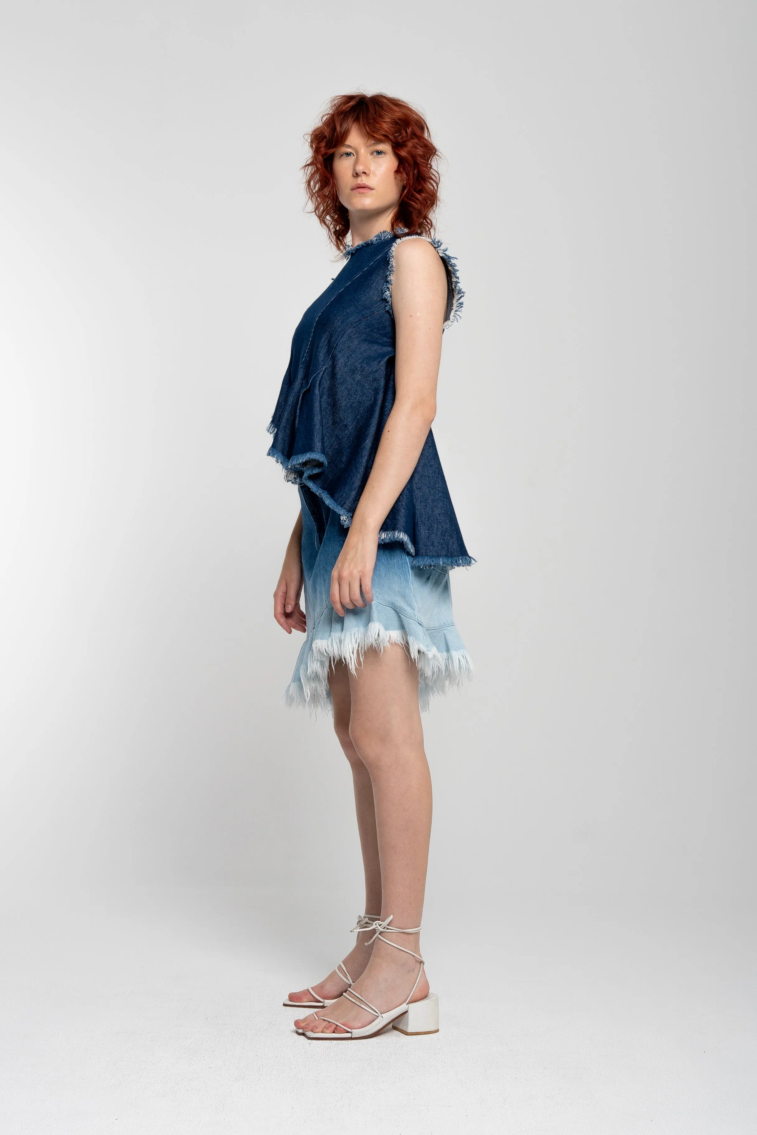OMBRE DENIM BLUE FRILL MINI SKIRT