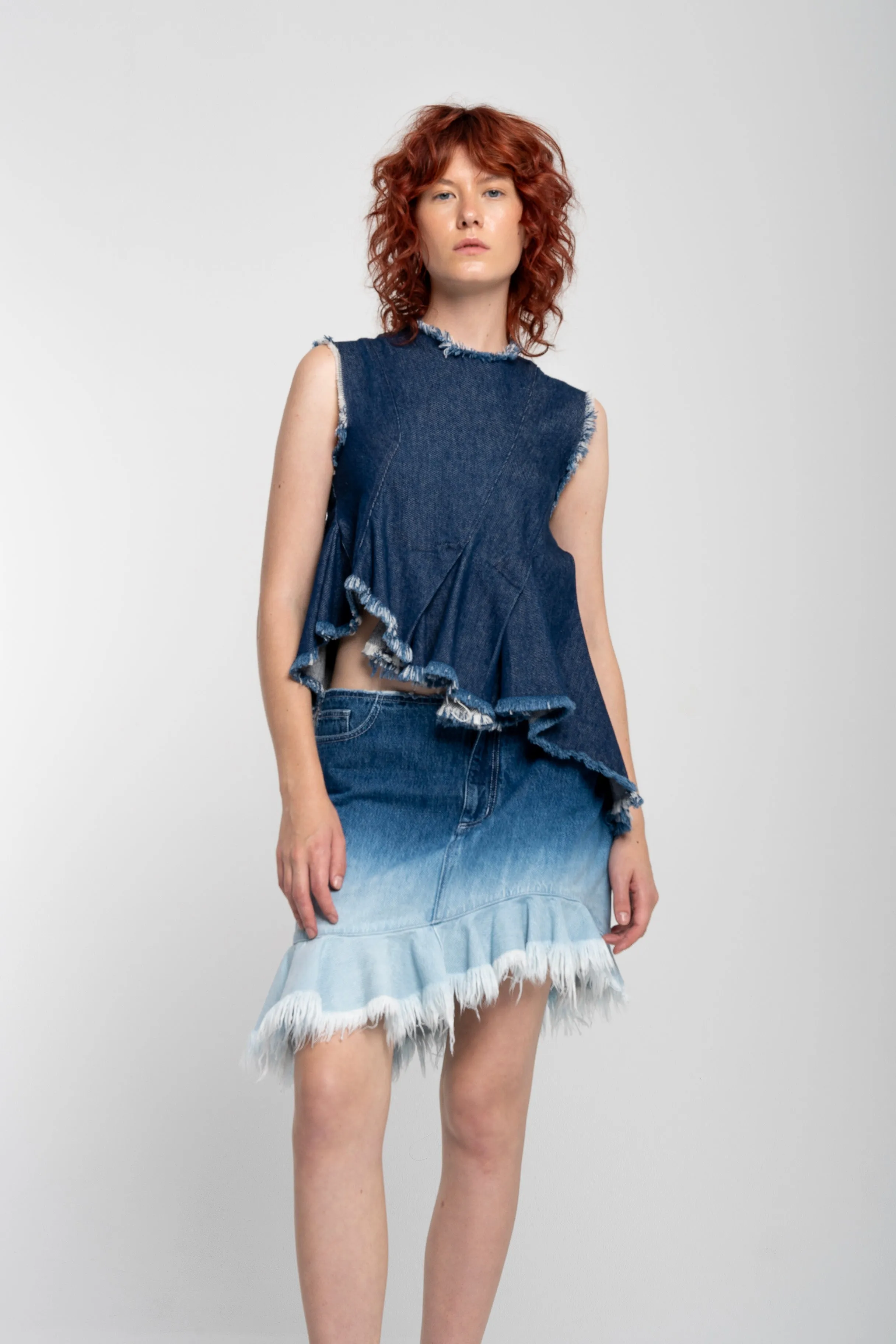 OMBRE DENIM BLUE FRILL MINI SKIRT