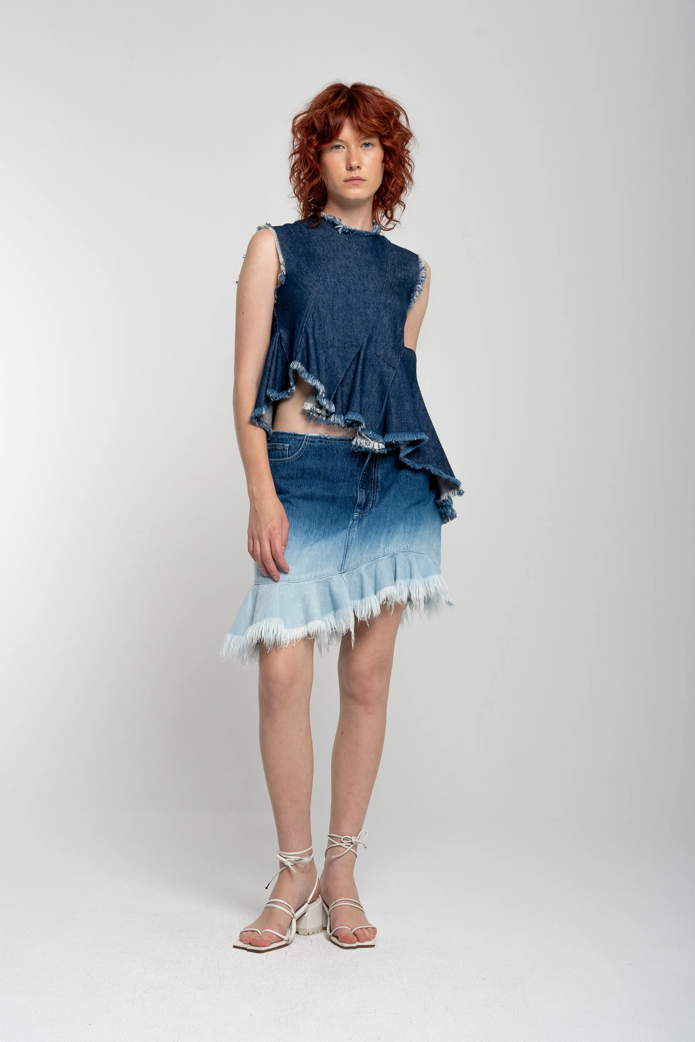 OMBRE DENIM BLUE FRILL MINI SKIRT