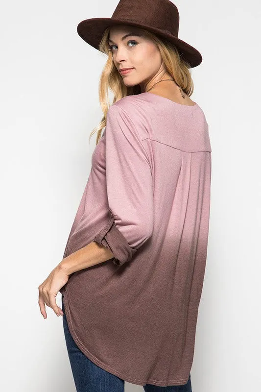 Rollup Sleeve Top W/ Tie Dye Hem