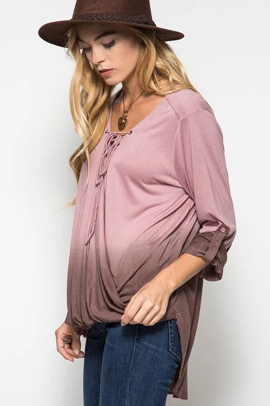 Rollup Sleeve Top W/ Tie Dye Hem