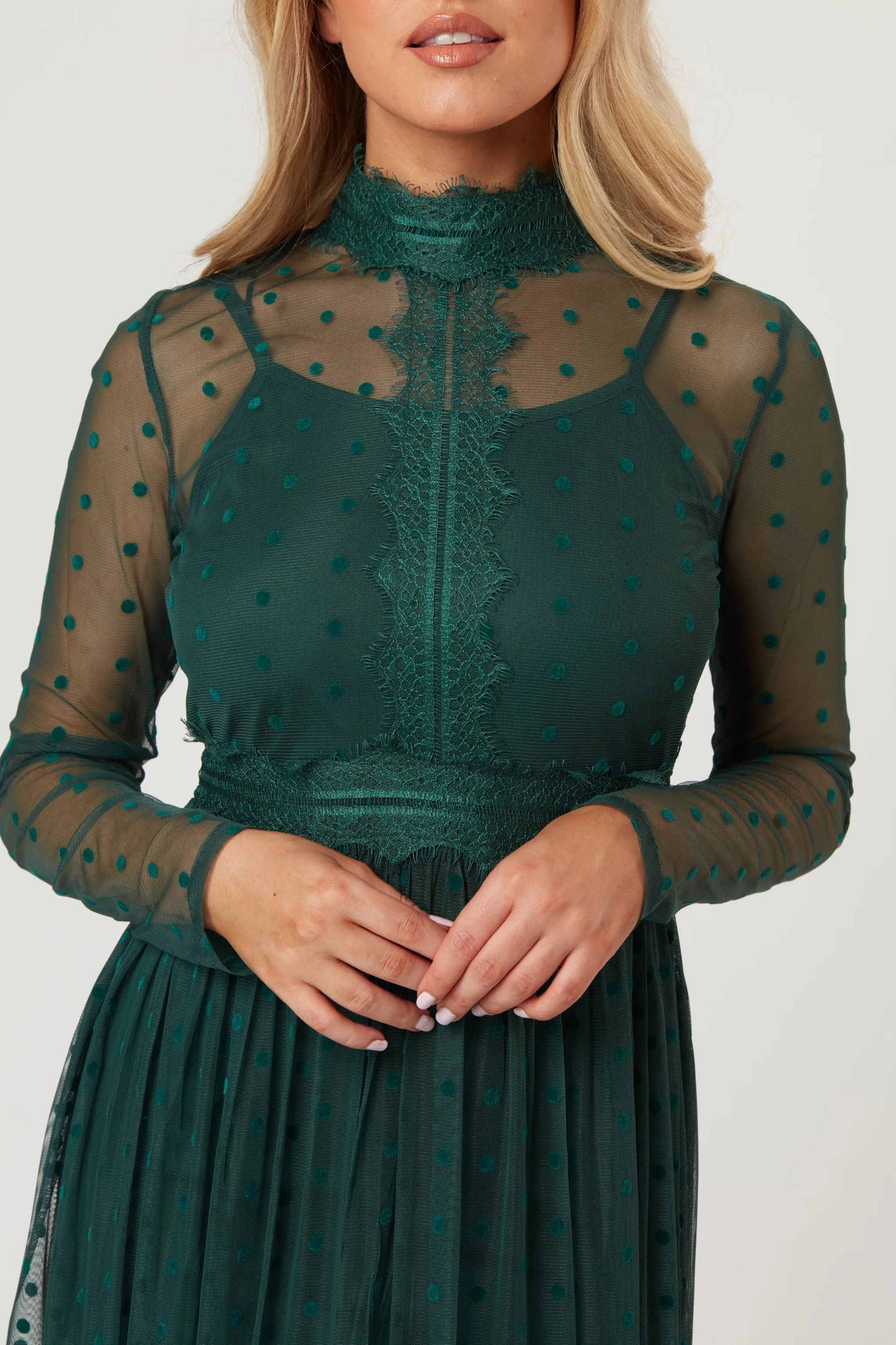 Roman Lola Polka Dot Midi Dress in Green