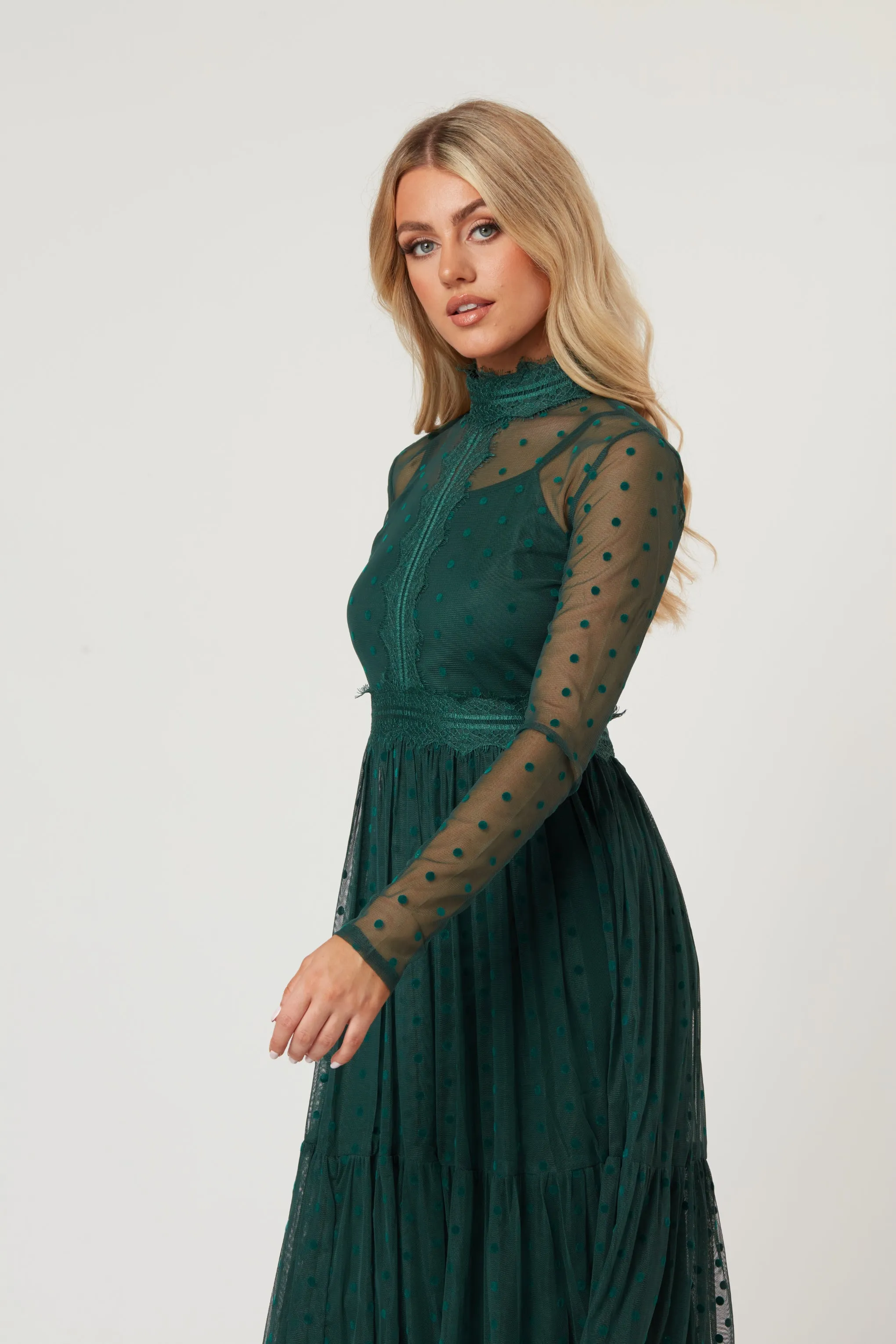 Roman Lola Polka Dot Midi Dress in Green