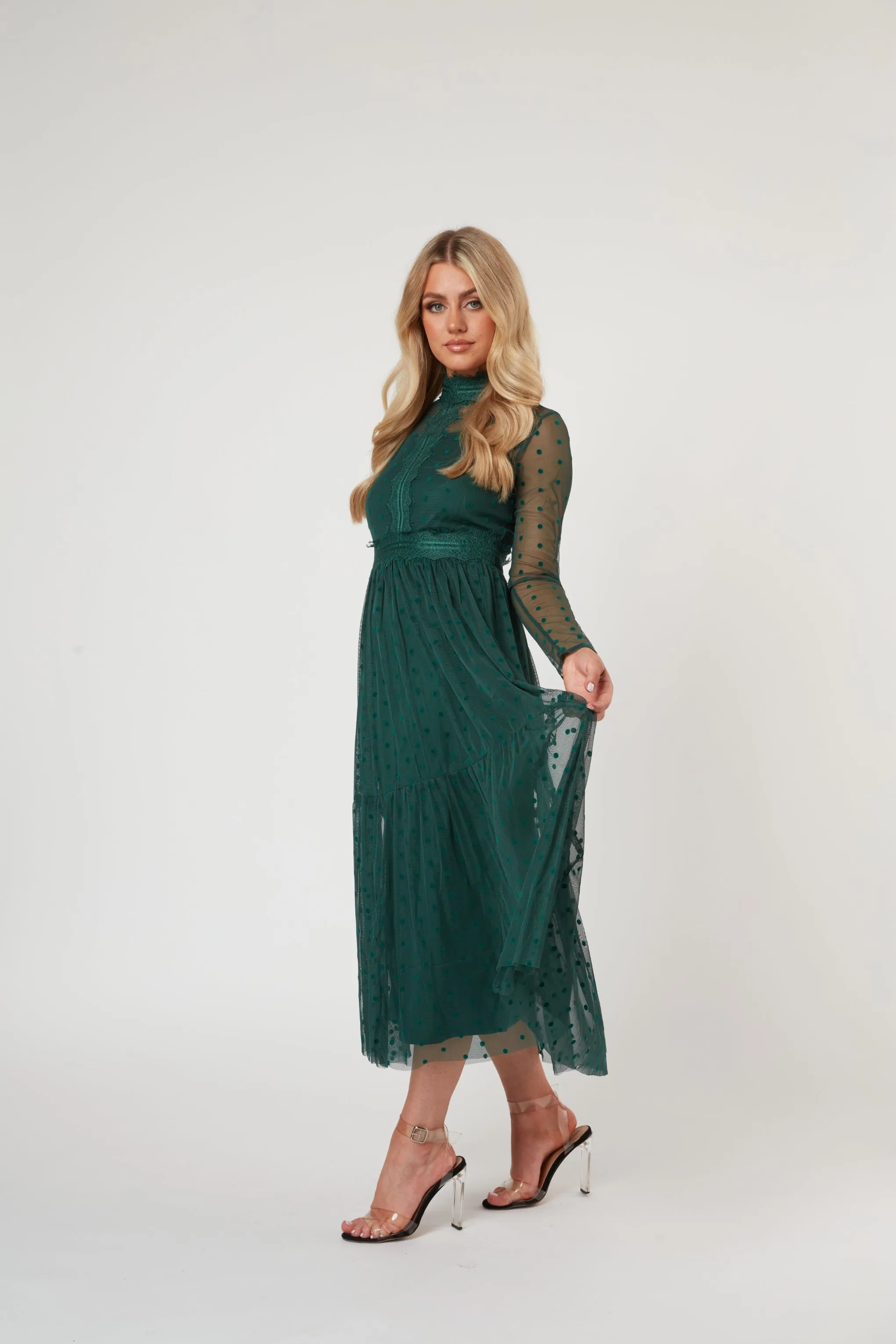 Roman Lola Polka Dot Midi Dress in Green