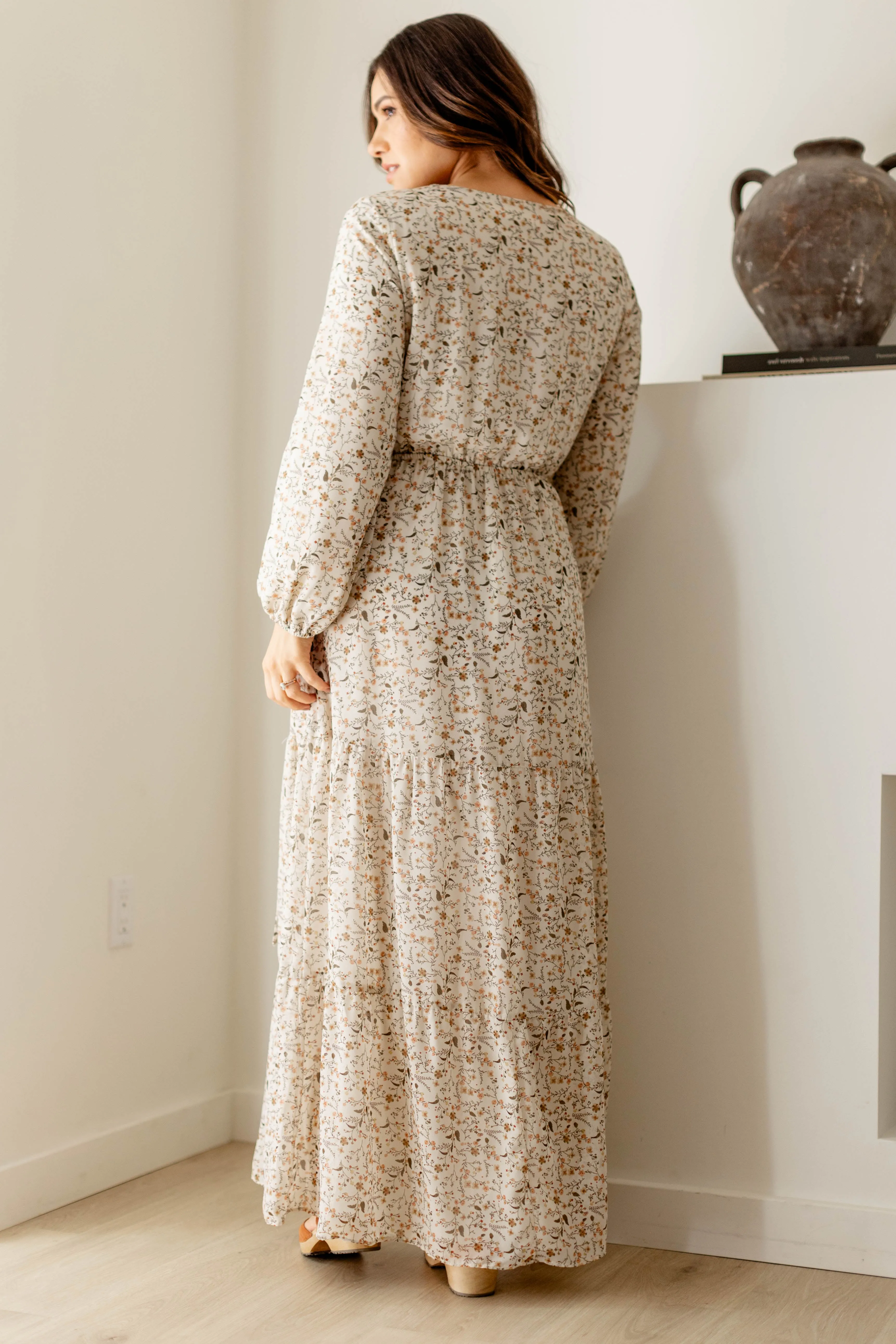 'Stacie' Olive Floral Tiered Maxi Dress in Ivory