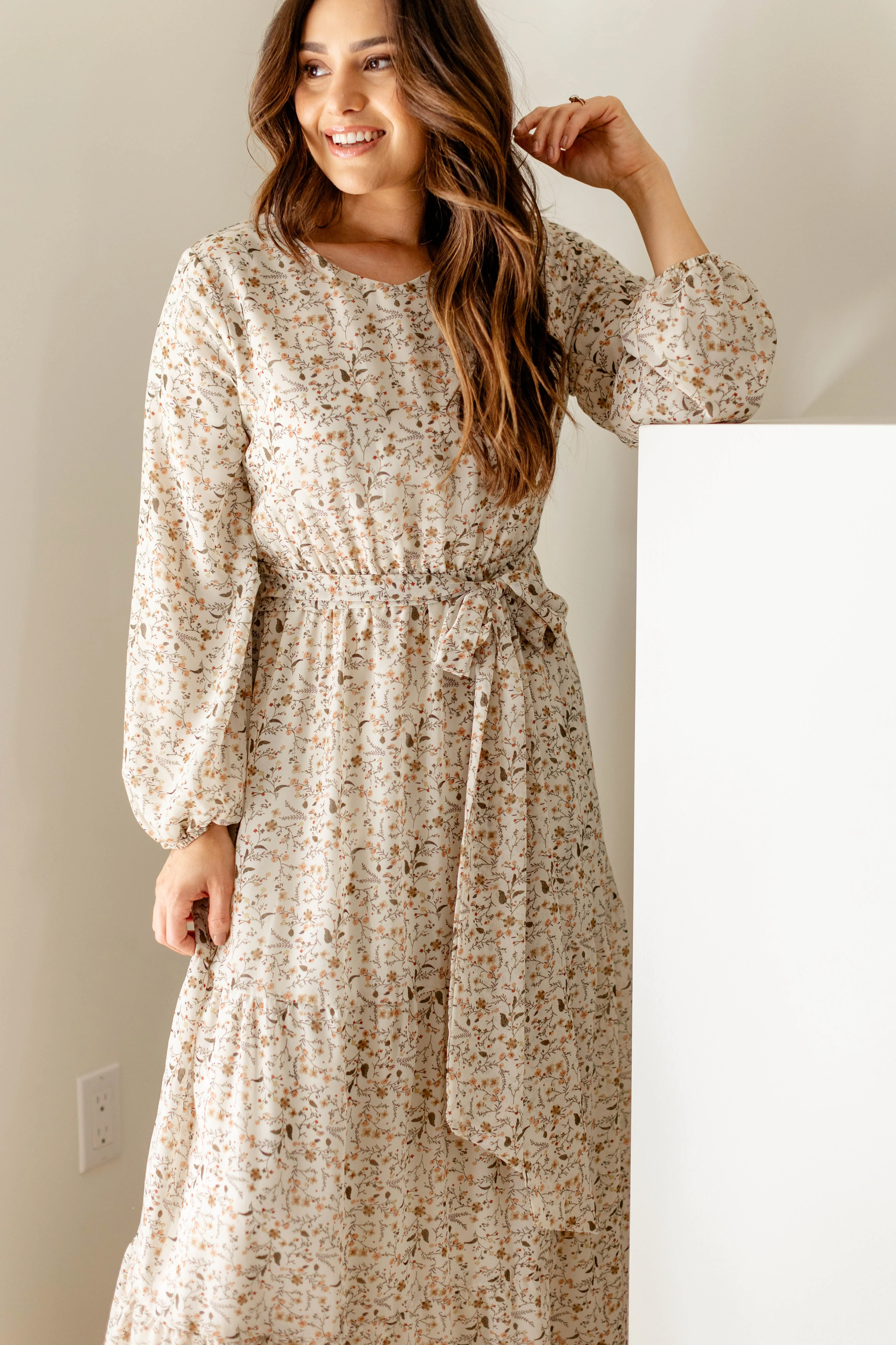 'Stacie' Olive Floral Tiered Maxi Dress in Ivory