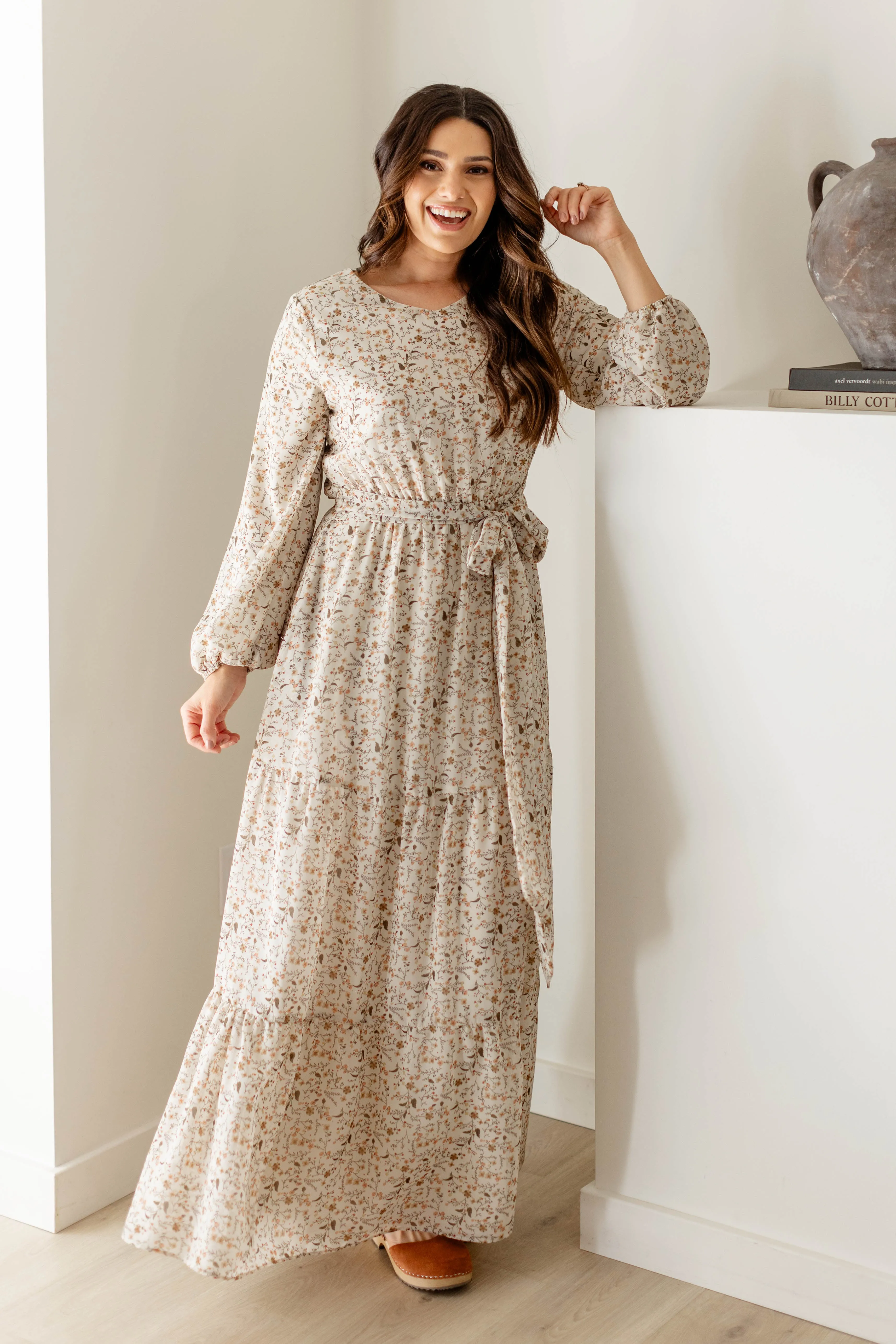 'Stacie' Olive Floral Tiered Maxi Dress in Ivory