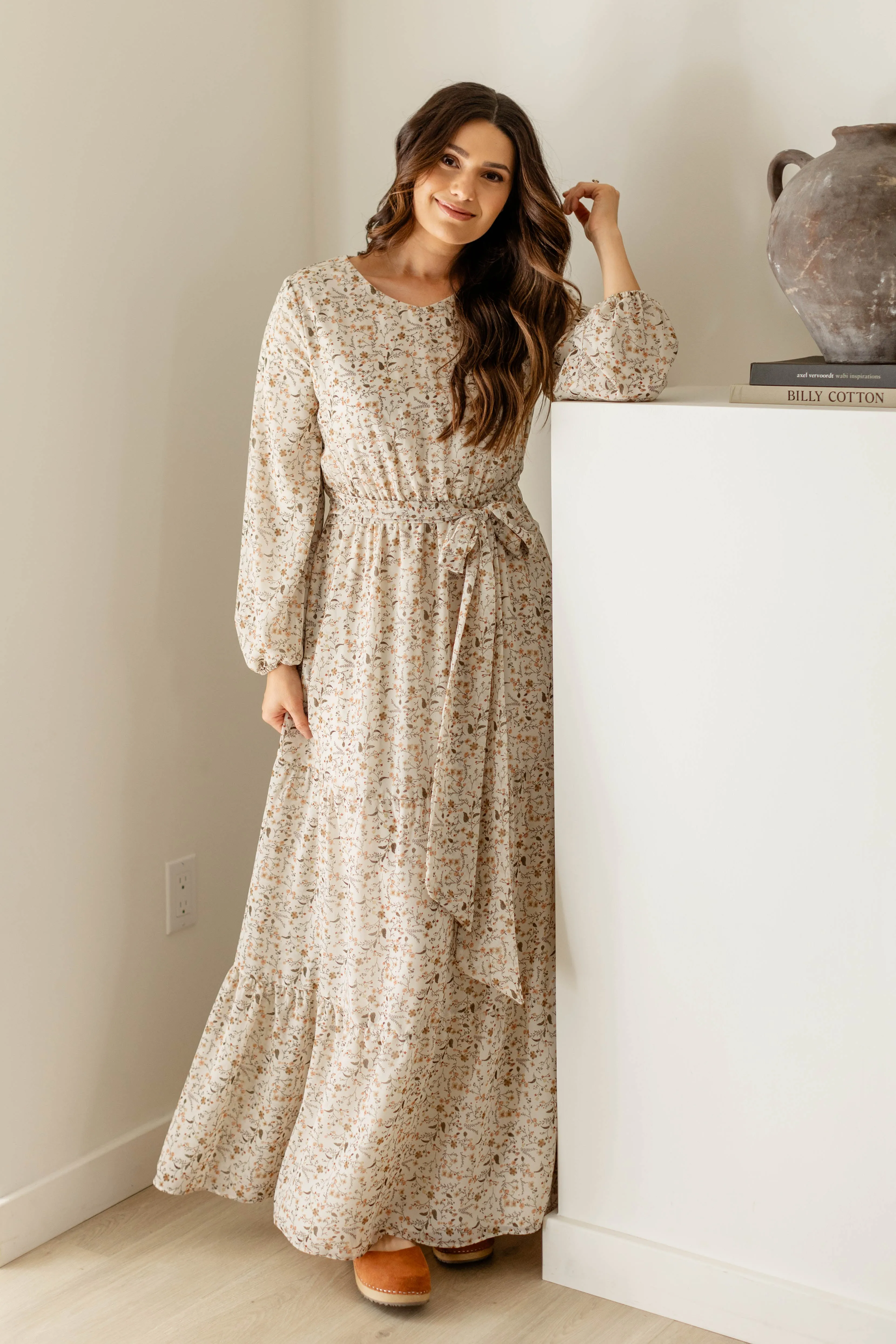 'Stacie' Olive Floral Tiered Maxi Dress in Ivory